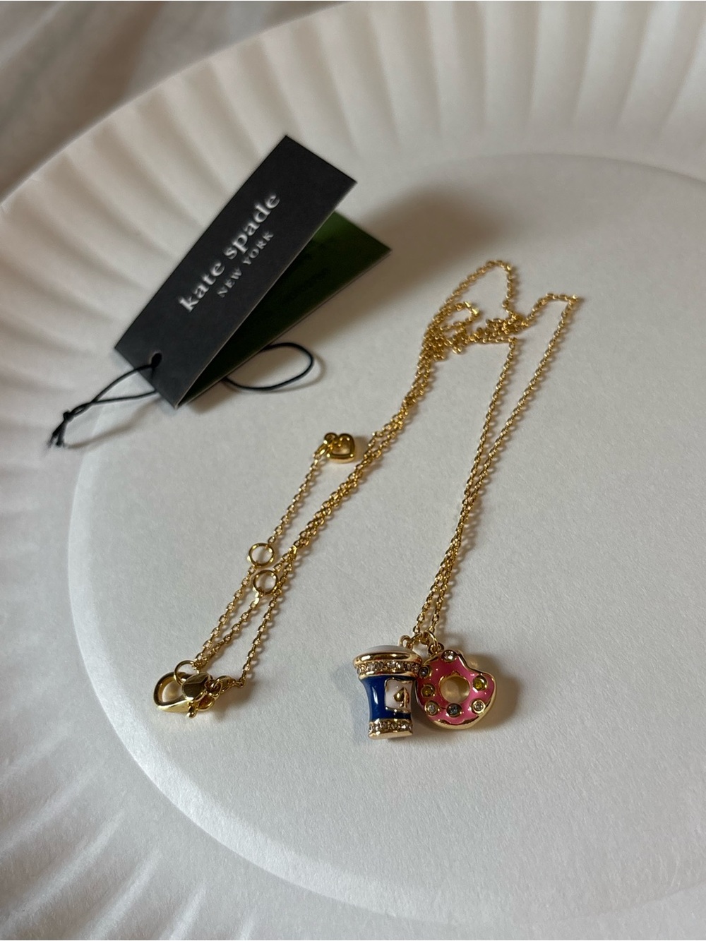 Kate Spade Gold & Pink Donut & Coffee Necklace New